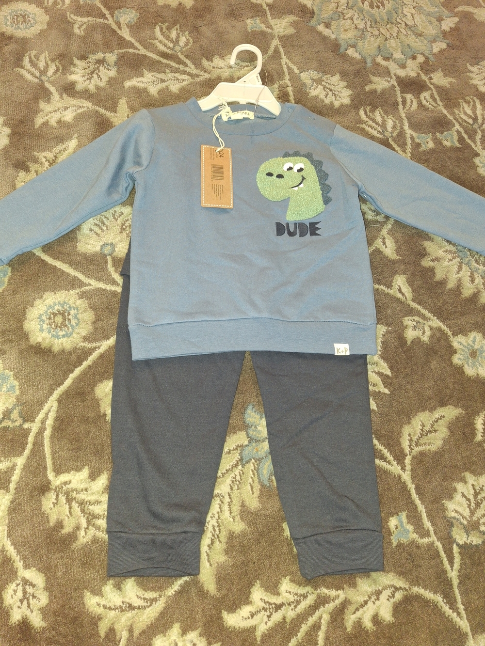 NWT K+P Kid Pearl 2-Piece Blue Dinosaur Fleece Sweatshirt & Jogger Set (24M)